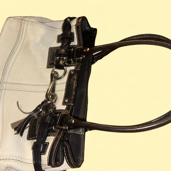 Coach White Pebbled Leather Satchel with Black Trim – Classic Structured Tote - Picture 8 of 8